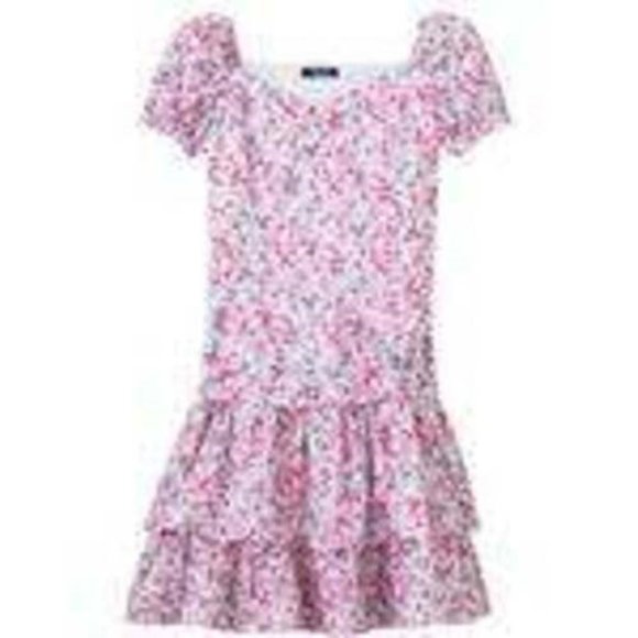 *Easter Dress Chaps sz 5 Pink Short Sleeve Tier Floral Poplin Side Zip Girls - Picture 1 of 4